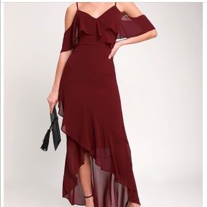 Lulu’s Caden Burgundy Off-The-Shoulder Ruffled Maxi Dress